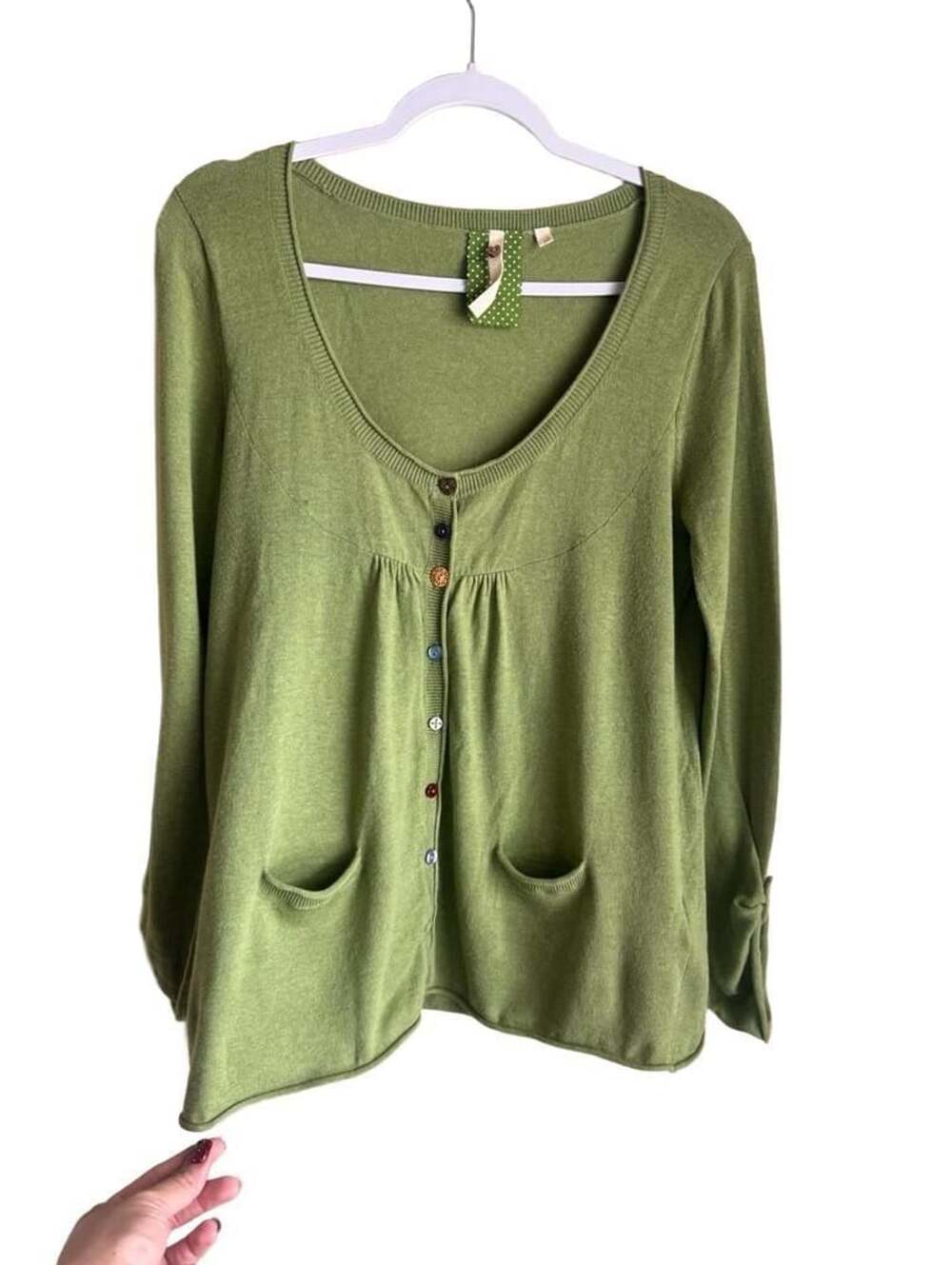 White Stuff Cardigan Size 12 Green Cotton Knit Scoop Neck Multi Button Pockets